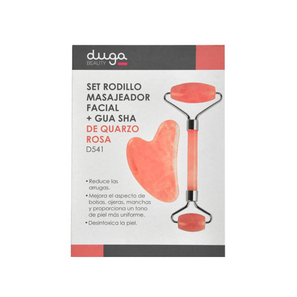 Duga Set Rodillo Masajeador Facial + Gua Sha Quarzo Rosa